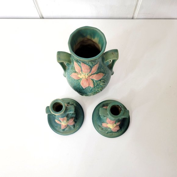 Roseville Clematis Pottery Candleholders and Vase - Picture 5 of 9